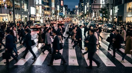 Obraz premium Motion-blurred crowd of pedestrians crossing a busy city intersection at night, surrounded by illuminated buildings, traffic, wet pavement, and glowing urban lights in a lively downtown scene
