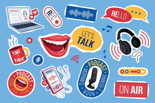 Podcast stickers. Internet radio broadcast, social media live game stream open microphone mouth pop music sound mic record modern trendy design set qualitative vector illustration