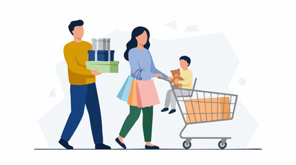 Parents with child shopping, carrying gifts and bags, pushing a cart © Mountain Top Studio