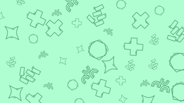 Abstract green background with scattered doodle shapes and symbols, ideal for design projects, scrapbooking, stationery, and textile prints.