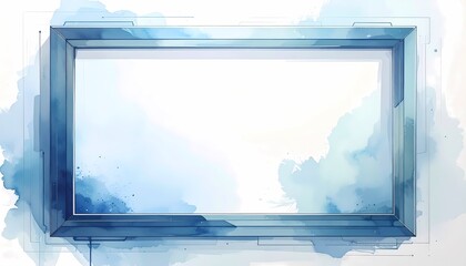 Fototapeta premium Blue modern rectangular frame front view for digital mockup presentation artistic watercolor illustration with technical sketch lines soft cool lighting on white blue painterly background