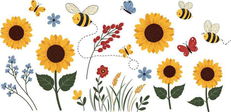 Watercolor illustration set with sunflowers bees and butterflies on a white background for spring and summer floral design projects
