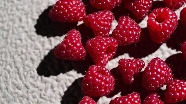 Ripe raspberries rotate slowly on a white background, showcasing their vibrant color and texture, ideal for food blogs, health websites, or culinary projects