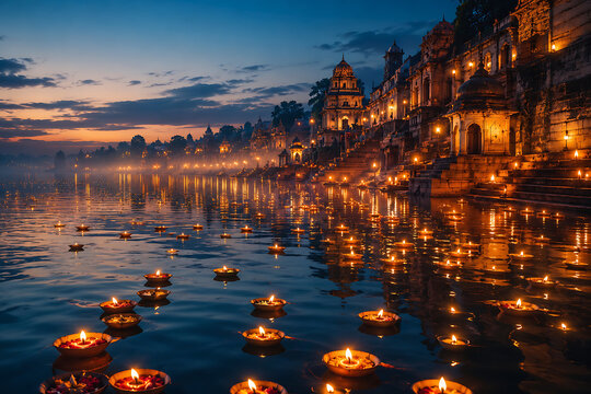 Illuminated evening riverbank showcasing hundreds of floating lamps on calm water during ganga dussehra celebrations representing beautiful ganga puja traditions along ancient architectural city ghats