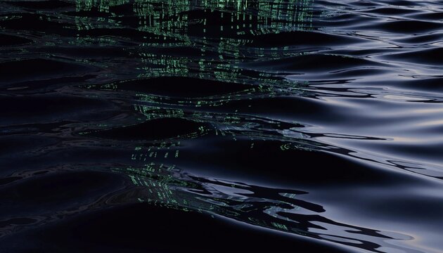 Abstract dark deep web concept featuring ripples on a water surface with glowing green digital binary code reflections, symbolizing hacking, data security, and the hidden internet in a digital age.