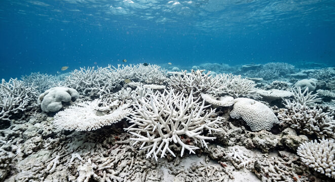 Coral reef bleaching occurs under ocean water near damaged ecosystem with marine life and sea creatures