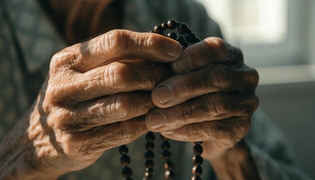 Detailed shot of senior hands holding wooden misbaha prayer beads under soft warm window lighting, capturing a peaceful and spiritual essence of traditional religious worship and quiet devotion.