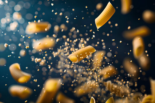 Flying rigatoni pasta with crumbs against a dark background