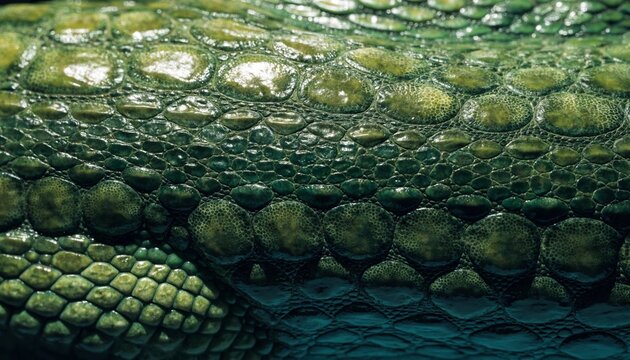 Extreme macro close up of green reptilian scales with intricate patterns and textures showcasing the natural geometric beauty of snake or lizard skin in vivid detail and emerald colors.