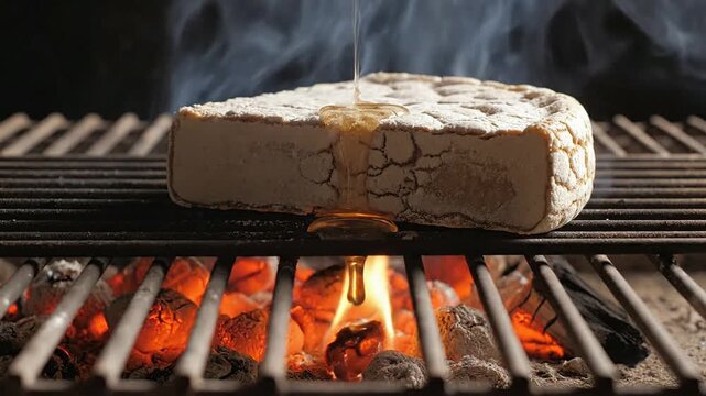 Delicious Cheese Sizzling Over Glowing Coals With Smoke Billowing In The Background, Grilling Culinary Experience