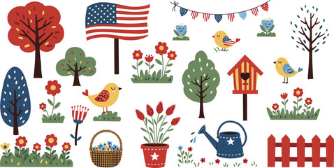Fototapeta premium Set of cute hand drawn garden elements including trees flowers birds a birdhouse an american flag and a watering can