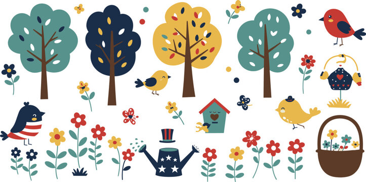 Set of cute spring garden elements featuring colorful trees birds flowers a birdhouse a watering can and a wicker basket
