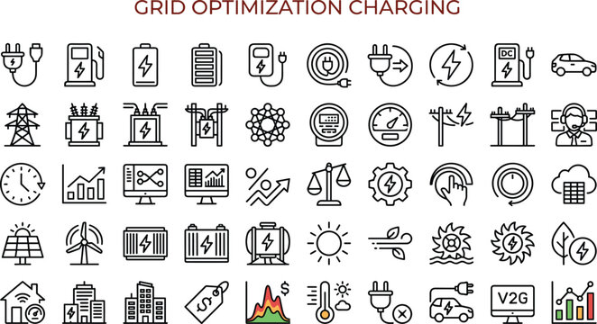 Minimalist black and white vector icon set of grid optimization, electricity, battery, renewable energy, electric vehicles, and smart technology symbols