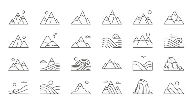 Minimalist collection of 24 outline icons representing diverse nature landscapes, including snow-capped mountain peaks, ocean waves, rolling hills, sun, moon, and rock formations.