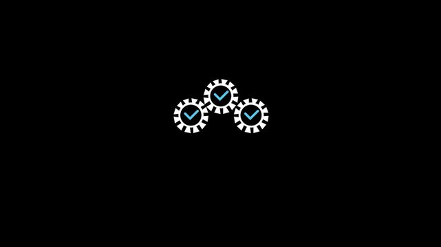 Three white rotating gear icons with checkmarks symbols spinning in circular motion animation isolated on solid black background backdrop.