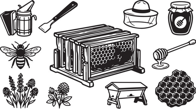 Beekeeping illustration with honeycomb and bee accessories