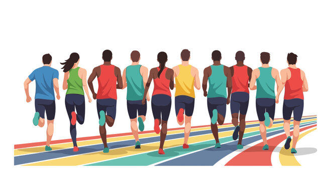 Diverse group of runners competing on a track, seen from behind