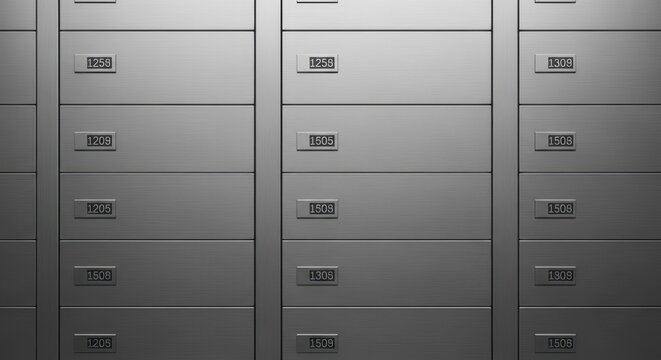 A close-up perspective of a bank safe deposit box wall with numbered compartments