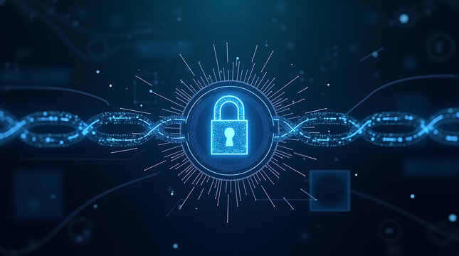 Digital Lock Icon with Blockchain Network: A central glowing lock icon symbolizes security and data protection.