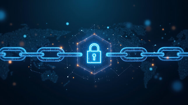 Secure Digital Network: A glowing padlock symbol within a hexagonal frame secures a digital blockchain chain, symbolizing advanced data protection and network security with a world map backdrop.