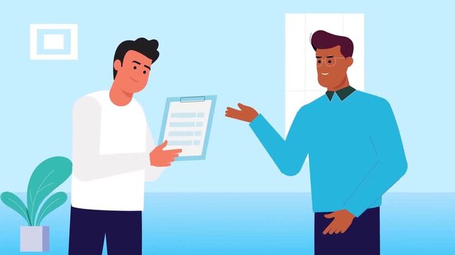 Two Businessmen Reviewing and Signing Document Agreement in Modern Office Animation