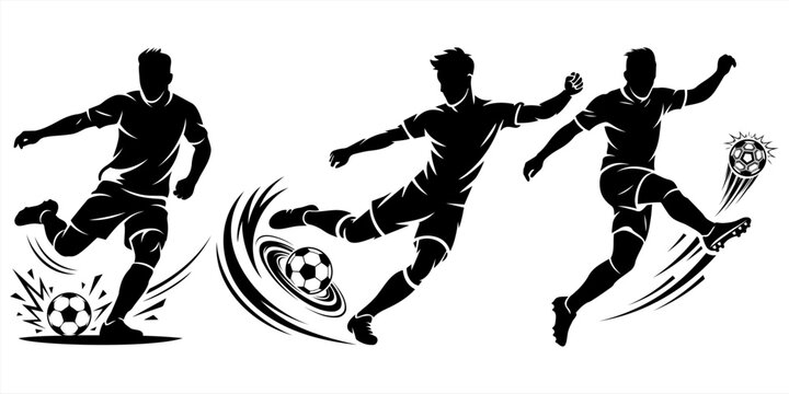 Football soccer player kicking ball with powerful action pose, dynamic sport silhouette vector illustration design set. Energetic soccer player strike pose. Dynamic football athlete kicking ball.