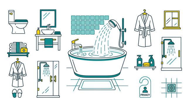 Modern bathroom fixtures and home interior icon set.