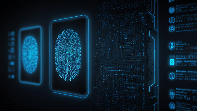 Digital Identity Scan: Futuristic interface displays a biometric fingerprint scan with glowing blue circuits, signifying advanced technology and data security.