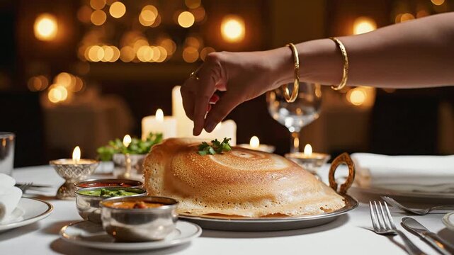 Gourmet Indian Dosa Served on Elegant Dining Table with Candlelight Ambiance and Blurred Festive Background