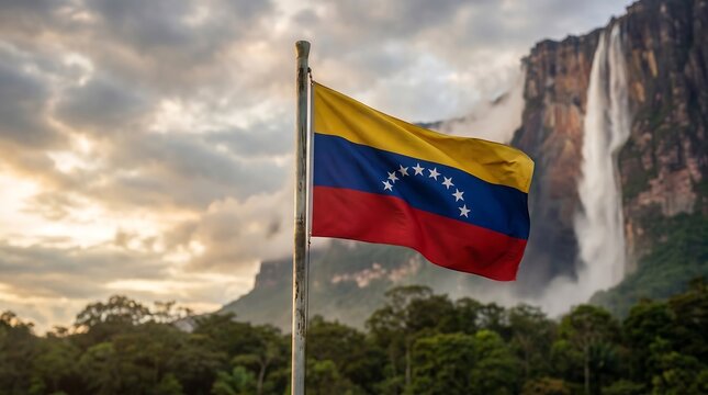 Venezuelan flag waving against the backdrop of Angel Falls waterfall in Canaima National Park at sunset
