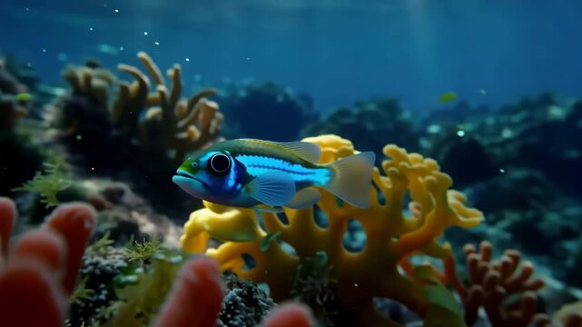 Cinematic Macro Closeup of Rare Neon Goby Fish Swimming by Coral Reef