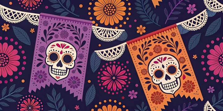 Dia de los Muertos seamless pattern with sugar skulls and papel picado