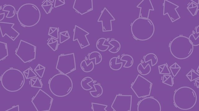 Purple geometric pattern with circles, arrows, pentagons, and pacman shapes on a white background. Suitable for tech design projects.