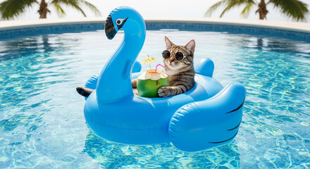 Obraz premium Tabby cat in sunglasses floats on a blue flamingo pool float with a coconut drink, symbolizing relaxation and vacation