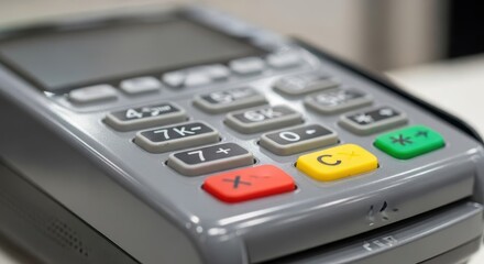 Obraz premium Close-up of a modern payment terminal keypad with buttons for transactions and purchases