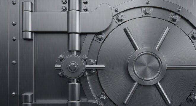 Close-up view of a robust, circular steel banking vault door with intricate locking mechanism and secure dial, representing safety and financial storage