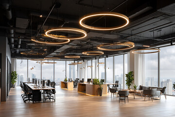 Fototapeta premium Modern open-plan office with large windows, wooden floors, and circular light fixtures suspended from the black ceiling