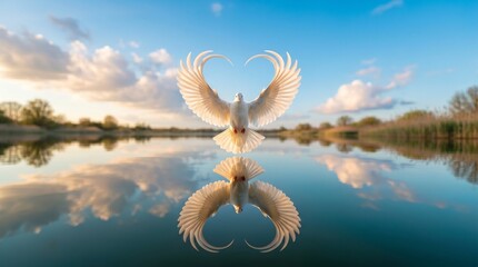 White Dove Flying Over Calm Lake Reflecting Heart Shape Wings for International Day of Peace
