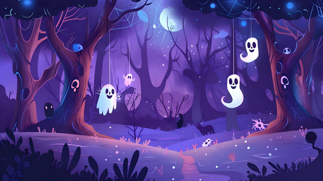 Enchanted forest at night with friendly ghosts and mystical creatures