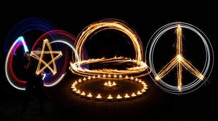 Light Painting of Peace Sign, Star, and Candles for International Day of Peace