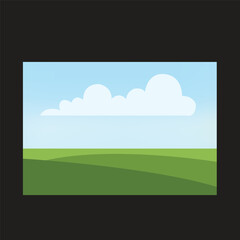 Fototapeta premium Minimalist cartoon landscape background with green rolling hills and fluffy white clouds under a blue sky vector illustration.