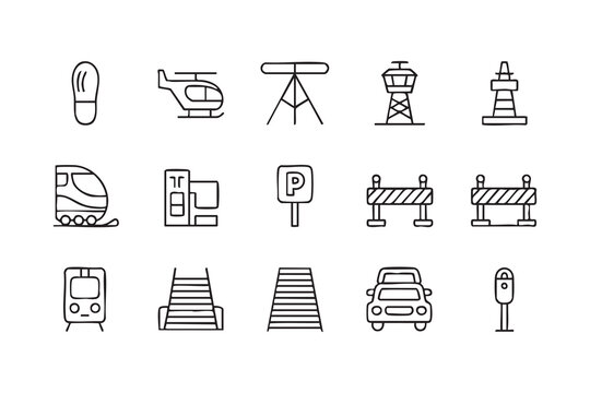 Urban Mobility Outline Icons with Train Ticket Machine Car and Parking Meter