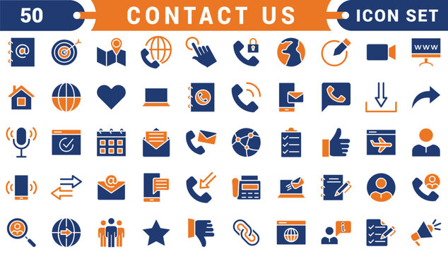 Contact Us icons in line style. Web and mobile icon. Chat, point, chat, support, message, phone, globe, call, info collection. Editable stroke. Vector illustration.