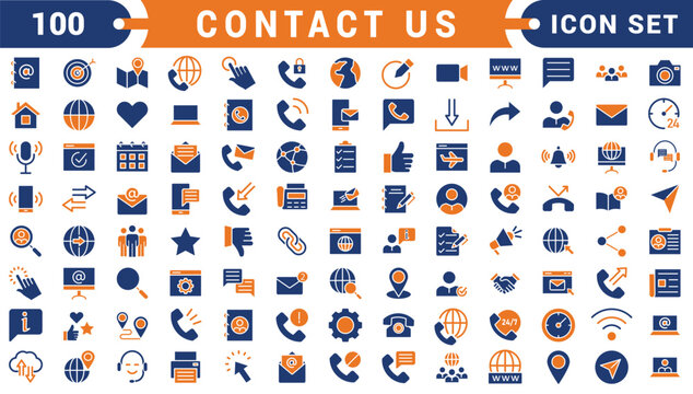 Contact Us icons in line style. Web and mobile icon. Chat, point, chat, support, message, phone, globe, call, info collection. Editable stroke. Vector illustration.