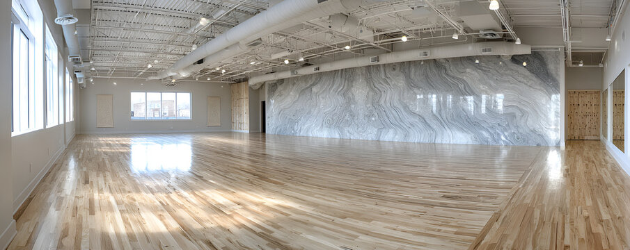 Expansive, empty room with a wood floor, large windows, and a textured accent wall. White ceiling and modern lighting fixtures are visible