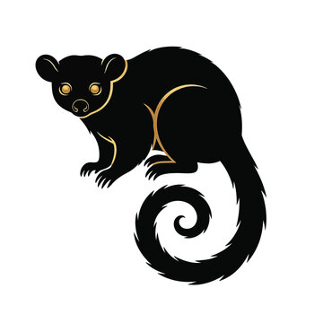 Stylized black and gold kinkajou silhouette illustration with curled prehensile tail and large eyes, isolated on a white background, procyonid mammal vector art icon.