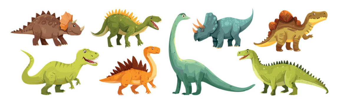 Cartoon dinosaurs. Cute dinosaur, triceratops tyrannosaurus stegosaurus brachiosaurus spinosaurus ankylosaurus dragons prehistoric jurassic reptiles animal set vector illustration