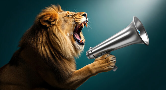 Roaring lion holding a megaphone, symbolizing powerful communication, leadership, and assertiveness, ideal for business or motivational themes