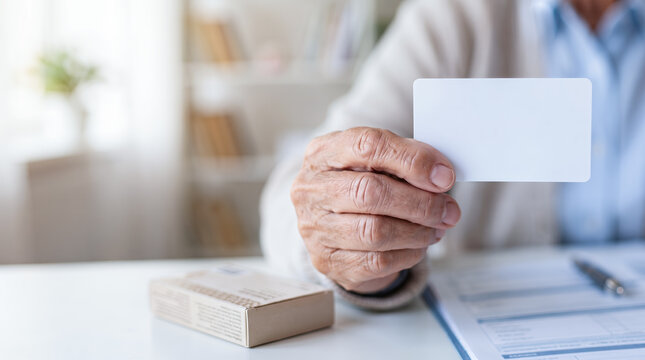 Senior man holding blank health insurance card at clinic appointment, patient identification, medical registration, healthcare coverage, prescription paperwork and hospital consultation concept