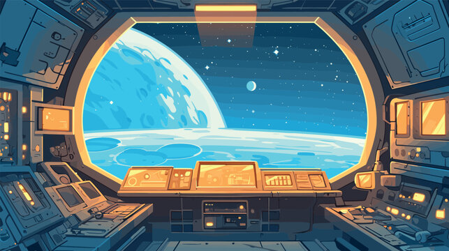 Cartoon spaceship interior. Space ship cockpit control inside window view futuristic game station rocket astronaut galaxy mission computer monitor alien planets vector illustration